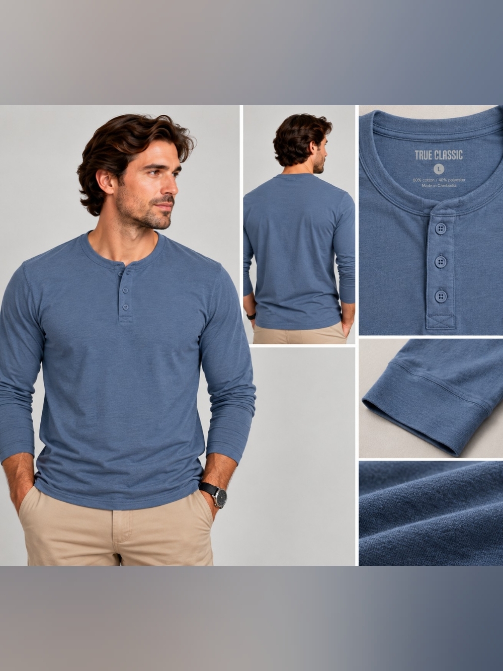 True Classic Men’s Long Sleeve Henley – Large – Slate Blue